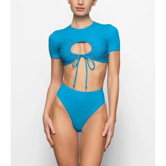 Skims Signature Swim Ruched T Shirt Cropped Keyhole Turquoise Blue M Read - Picture 1 of 9